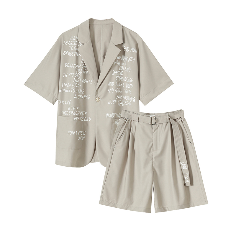 IEFB Men's Trend Two Pieces Set Summer Ins Short Sleeve Letter Print Blazer + Elastic Loose Shorts Suit With Belt 9Y5993 210524