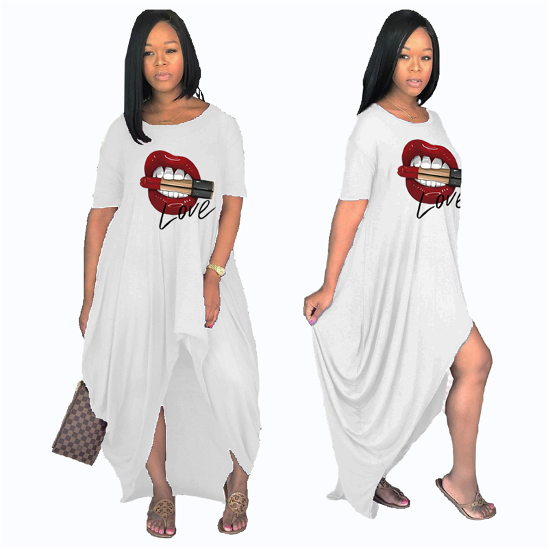 Dress Women Plus Size Summer Crewneck Short Sleeve Tshirt Dress Streetwear Irregular Casual Long Dress Wholesale Dropshipping 210409