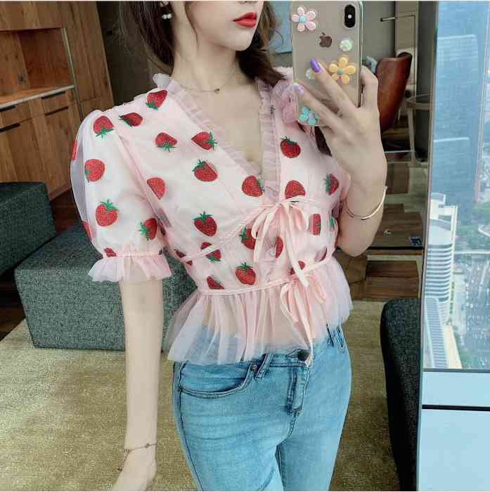 Shining Pink Strawberry Mesh Sexy V Neck Blouses Woman Summer Puff Sleeve Blusa Shirts Casual Sweet Tops Female 210506