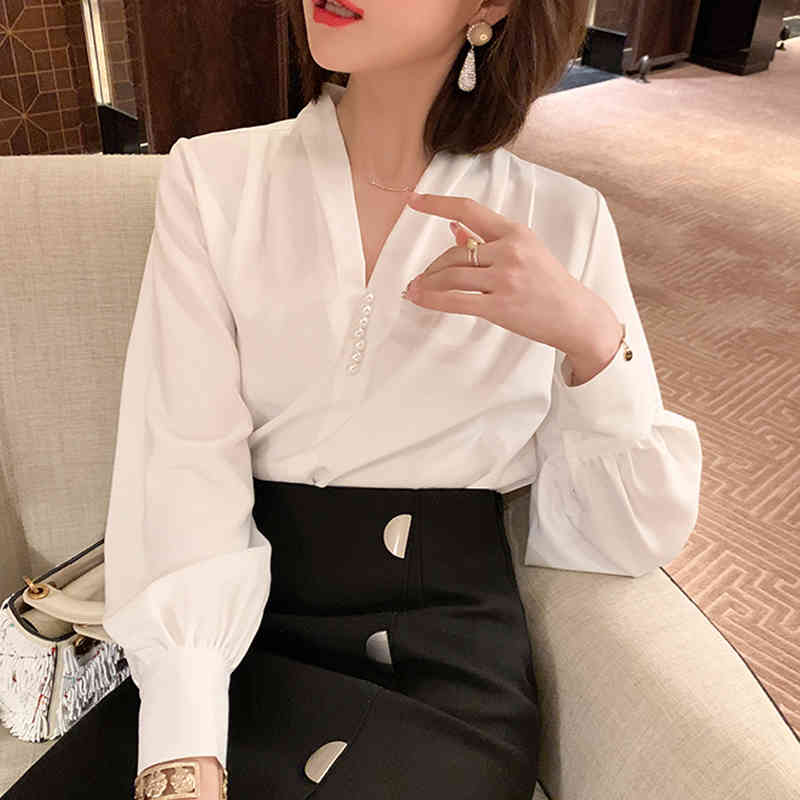 Autumn Spring Lantern Sleeve V Neck Blouse Women Office Lady Plus Size Chiffon Shirts Solid Casual Beading Clothing 12270 210508