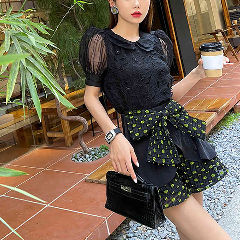 Temperament Playful Firefly Bow Fluorescent Jacquard Texture Double Layer Ruffles Short Skirts For Women In Summer 210427
