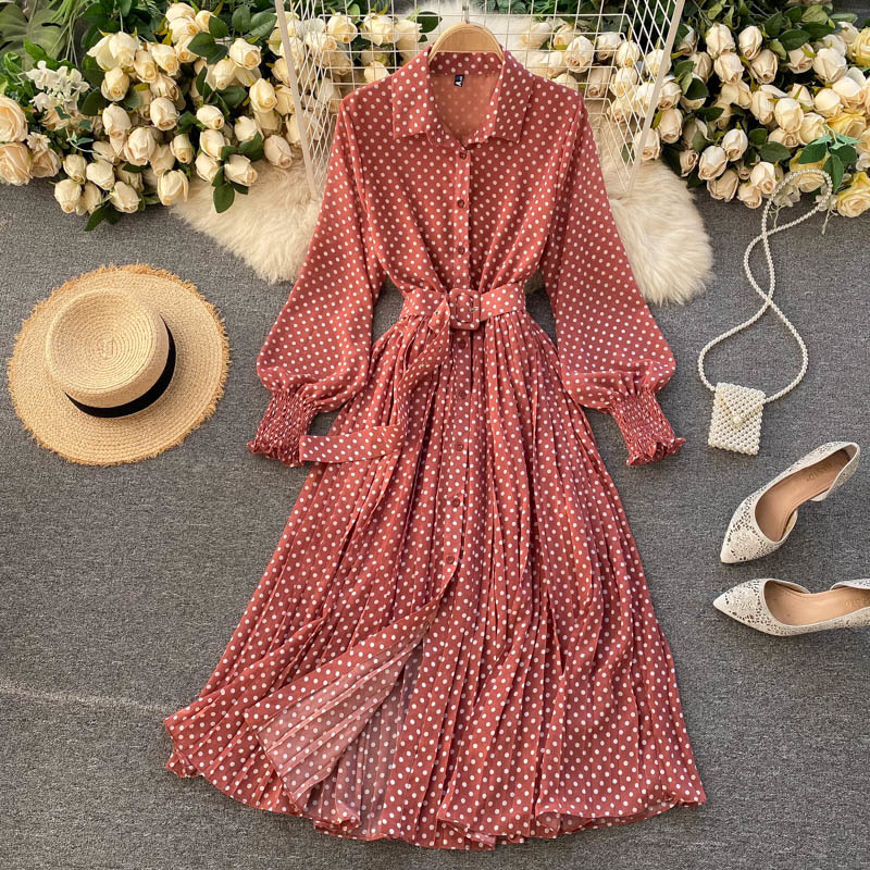 Spring And Summer French Vintage Maxi Dress Sundress Ladies Long Sleeve Orange Polka Dot Chiffon Pleated Dresses Femme Robe 210409