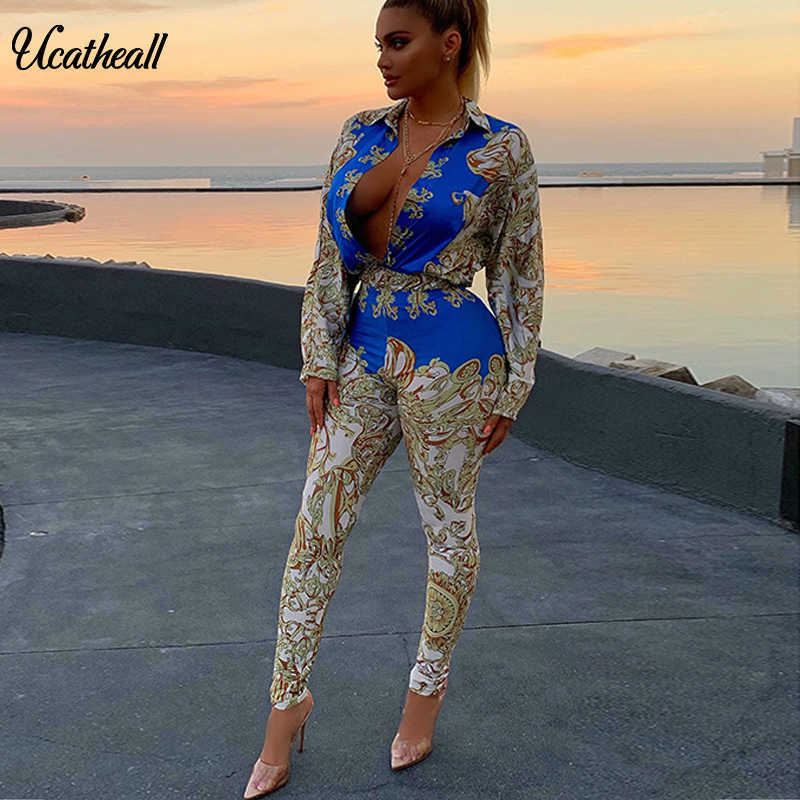 Colorblock Print Plunge Jumpsuit Autumn Long Sleeve Rompers Womens Blouse Dodysuit+pants 2 Piece Jumpsuit Combinaison Femme Y0625