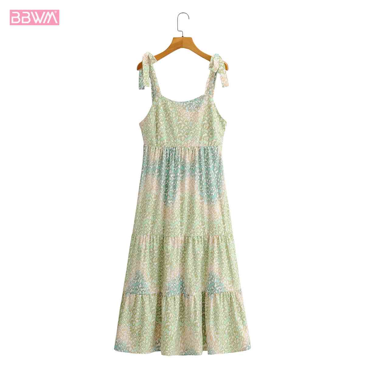 Women One-shoulder Square Neck Suspender Dress Vintage Mid-length Stitching Bohemia Chic Female Dresses Vestidos 210507