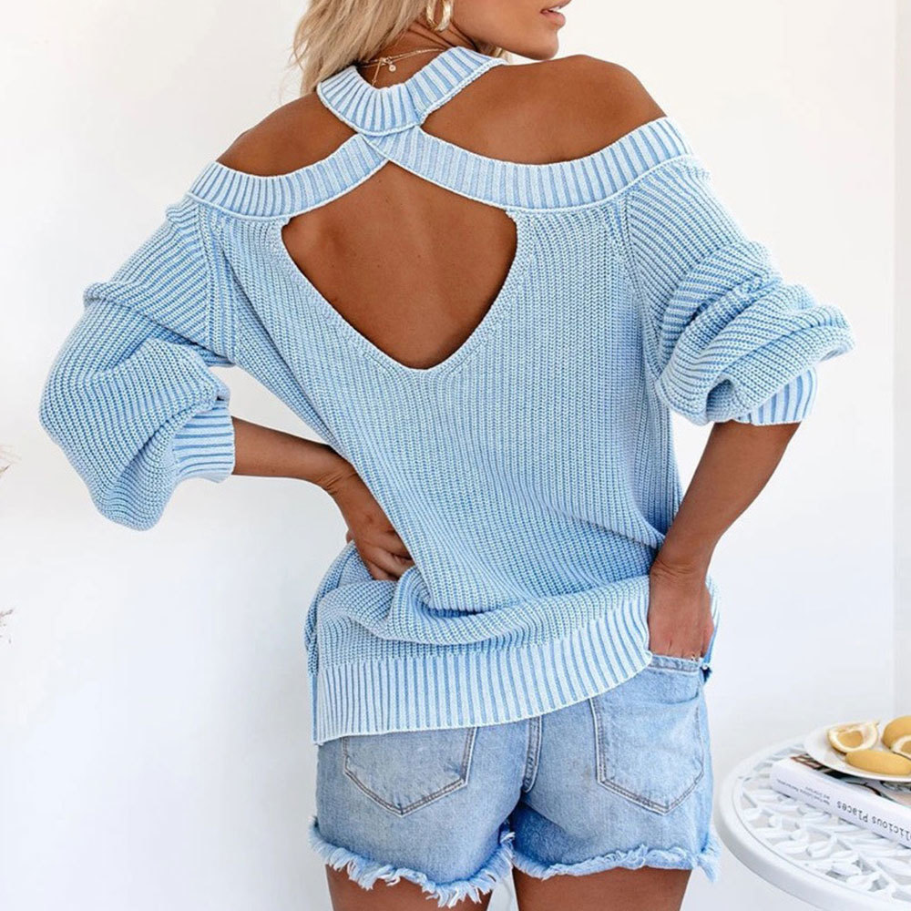 Women Autumn Sexy Off the Shoulder Backless Loose Sweater Casual Vintage Oversized Knitted Pullovers Solid Jumpers 210428
