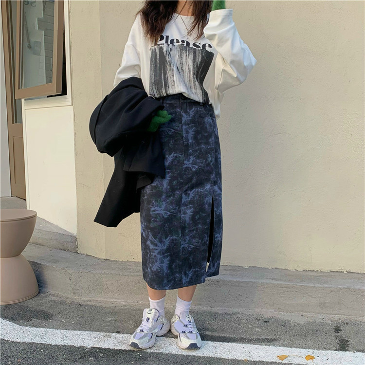 Nomikuma Korean Tie Dye Women Skirt Causal Hitgh Waist Split A-line Skirts Autumn Winter New Fashion Causal Faldas Mujer 6D700 210427