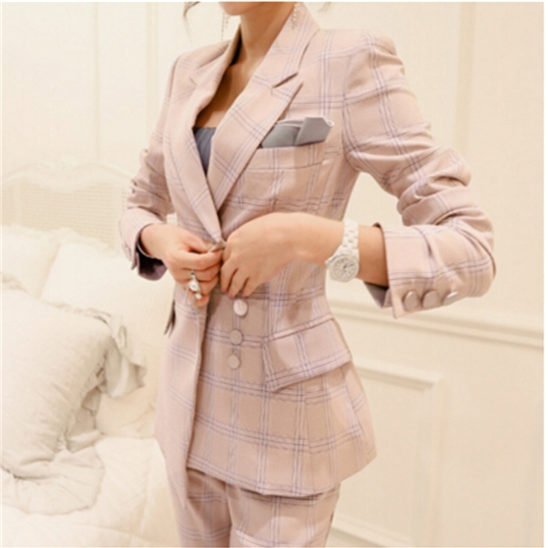 Arrival Fashion Pants Suits Women Blazer 2 Two Piece Set Plaid Striped Jacket & Pant trajes de mujer 210520
