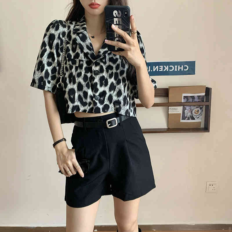2style Vintage Notched Short Sleeve Leopard Blouse Women Fashion Camisas Mujer Casual Blusas Print Summer Tops 210429