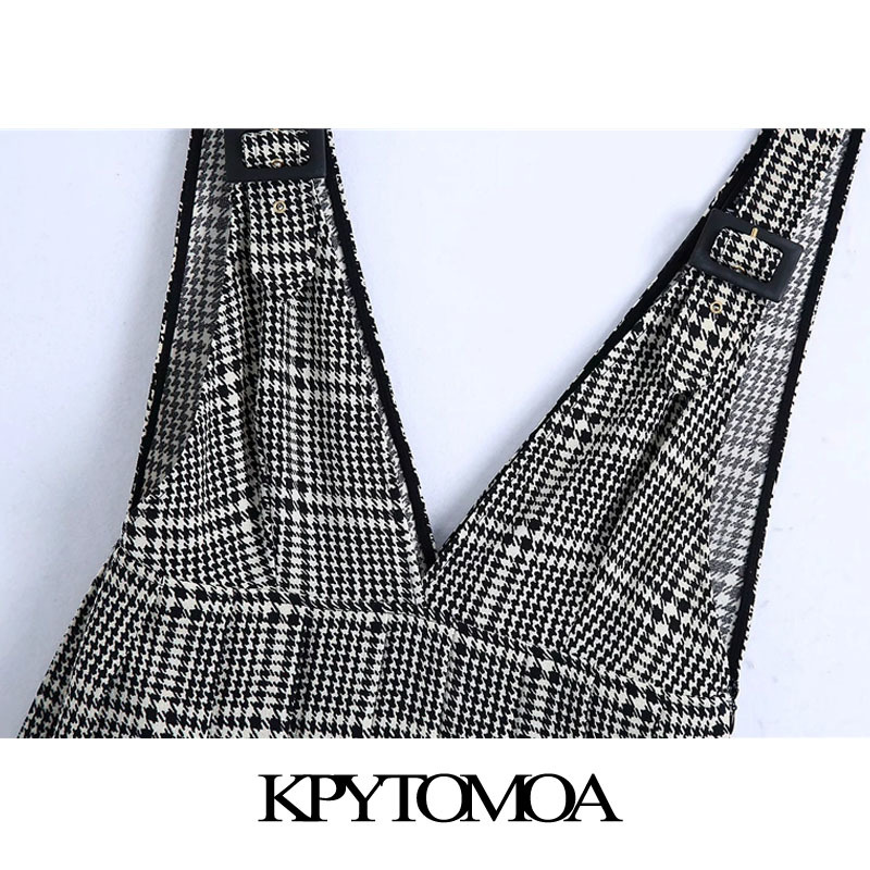 Women Fashion Pleated Houndstooth Pinafore Skirt V Neck Side Zipper Adjustable Straps Female Skirts Mujer 210420