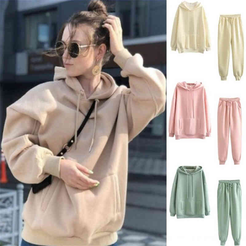 Autumn Winter Hooded Hoodies Sweatshirt Suits Women New Thick Fleece Cotton Suit 2 pieces Sets Full Length Pants Suits 210413