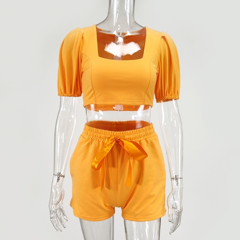 Asia Womens Loungewear Set Square Collar Short Puff Sleeve Crop Top Shorts Two Piece Set Summer Solid Color Casual Outfits 210707