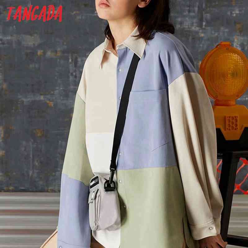 Women Color Block Spring Jacket Turn Down Collar Ladies Long Sleeve Loose Oversize Boy Friend Coat 2G14 210416