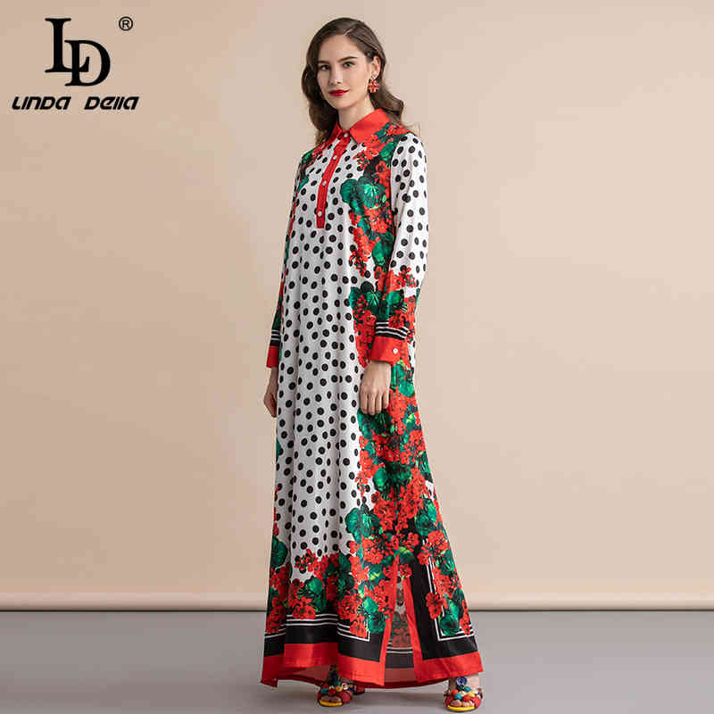 Summer Fashion Runway Maxi Dress Women's Long Sleeve Polka Dot Floral Print Elegant Vintage Plus size 210522