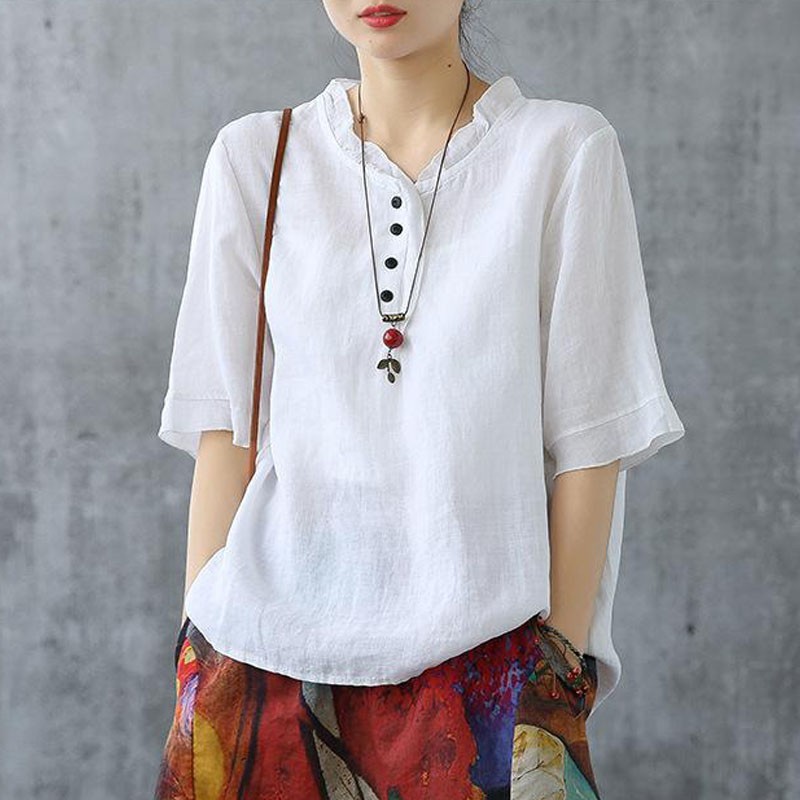 Johnature Cotton Linen Solid Color V-neck Button Short Sleeve T-shirts Summer Loose Comfortable All-match Women Tops 210521, White
Johnature Cotton Linen Solid Color V-neck Button Short Sleeve T-shirts Summer Loose Comfortable All-match Women Tops 210521, White