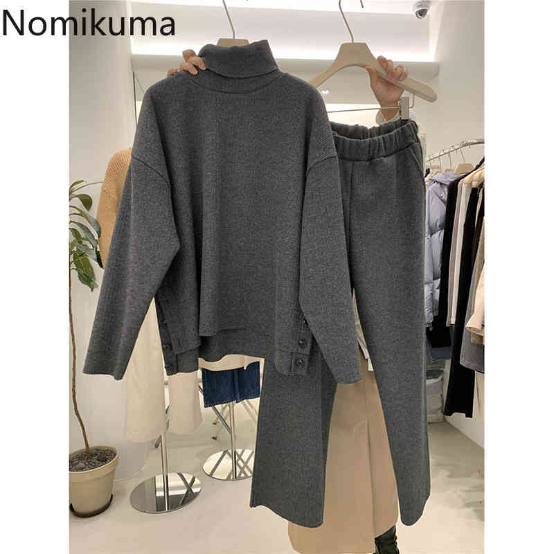 Nomikuma Spring New Two Piece Suits Turtleneck Long Sleeve Pullover Sweater + High Waist Wide Leg Long Pants Sets 6E814 210427