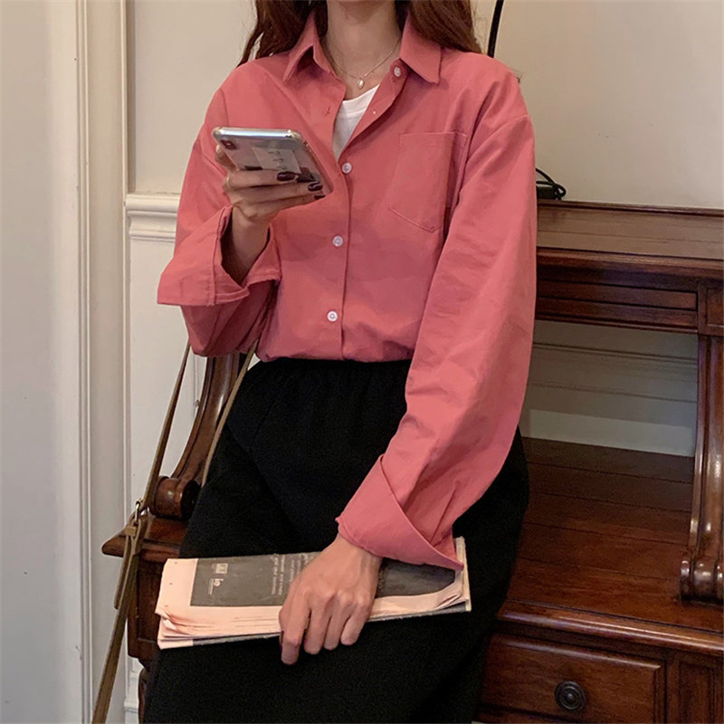 Korean Long Sleeve Leisure Minimalist Solid Loose Stylish High Quality OL Brief Women Casual All Match Shirts 210421