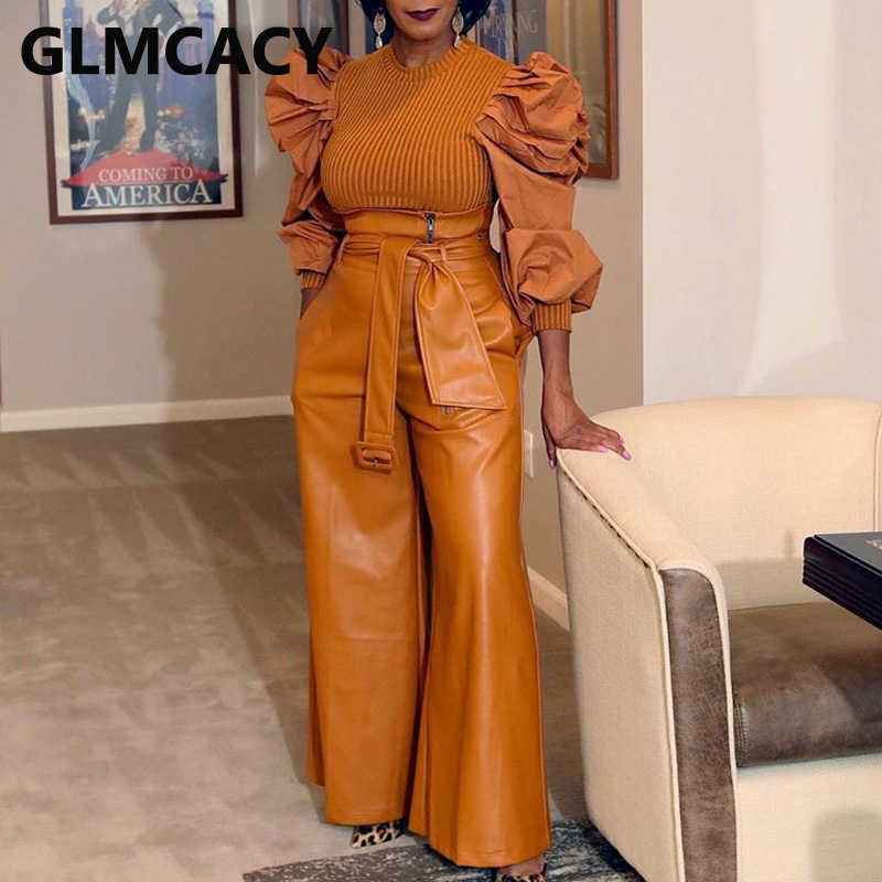 Women High Waist PU Leather Pants Classy Wide Leg Trousers Pants 210702