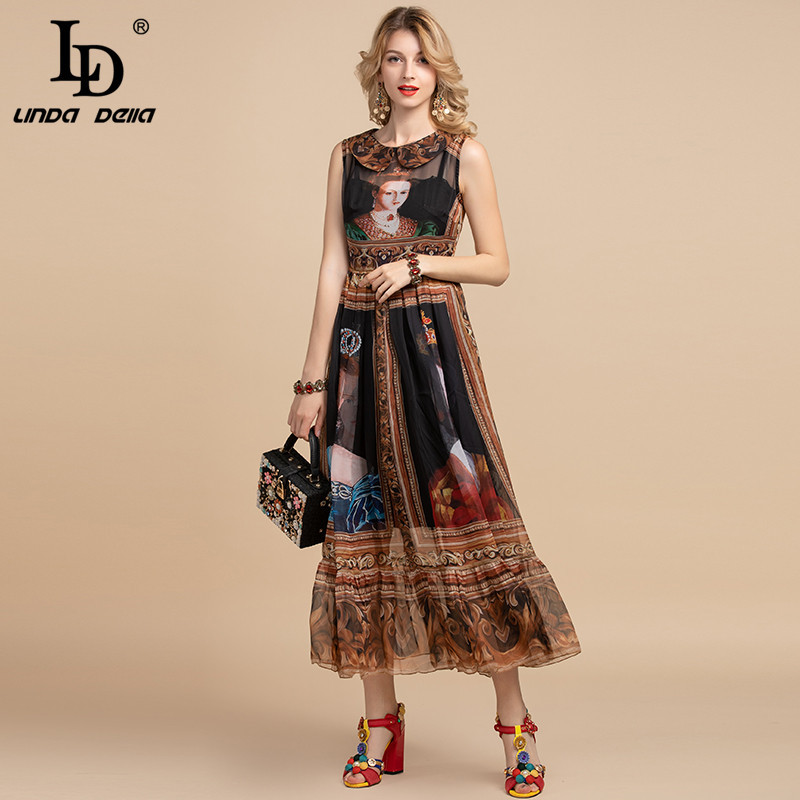 Summer Fashion Runway Vintage Long Dress Women's Sleeveless High waist Character Print Chiffon Dresses 210522