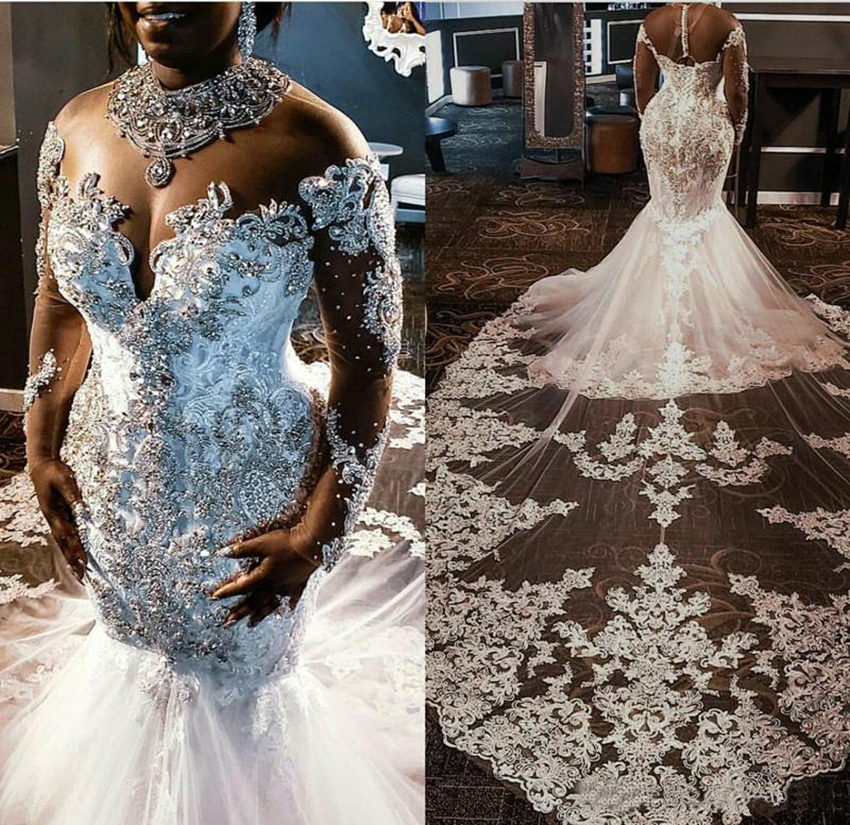 Sheer Mesh Top Lace Mermaid Wedding Dresses 2021 Tulle Lace Applique Beaded Crystals Long Sleeves Wedding Bridal Gowns with detachable train