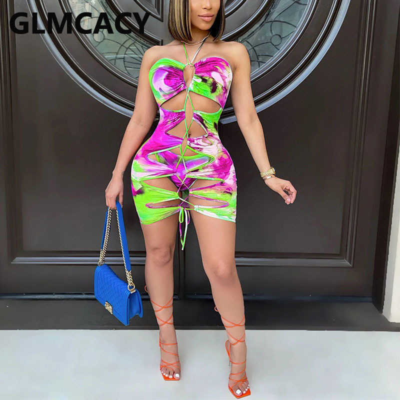 Sexy Abstract Tie Dye Printed Cutout Bodycon Dress 210702