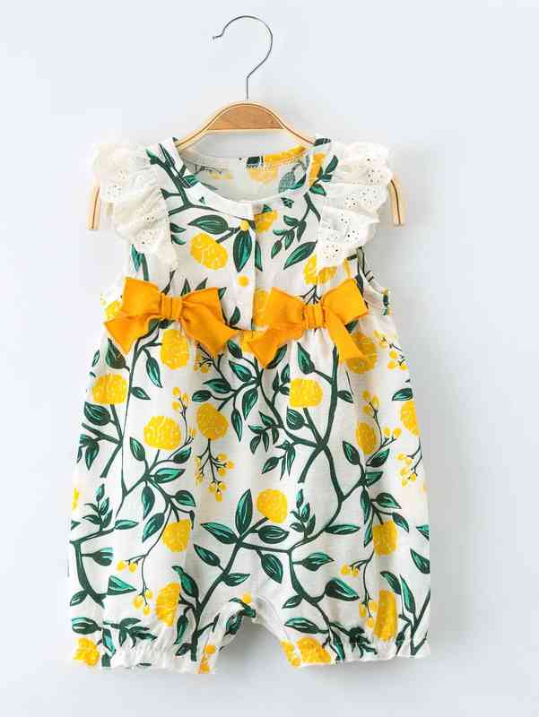 Baby Girl Double Bow Ruffle Plants Print Romper SHE