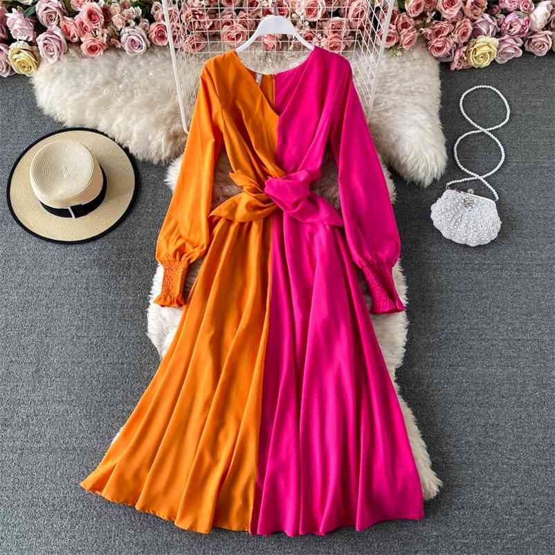 New Spring Summer Fashion Color Block Holiday Dress Women Lantern Sleeve V-Neck Contrast Fold Crossing Ladies Long Dress 210409