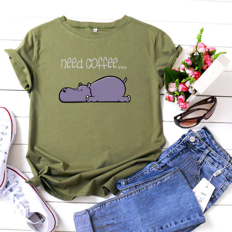 Fashion 100% Cotton Women T-Shirt Casual Loose O-Neck Short Sleeve Lazy Cartoon Need Coffee Summer Ladie Tees Top W873 210526