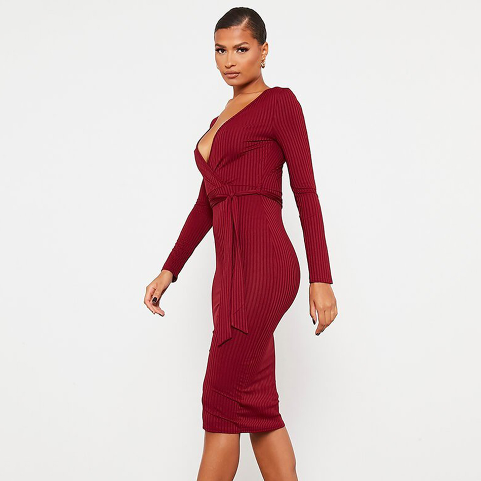 Free Women's Green Striped Dress Sexy V-neck Long Sleeve Bodycon Lace Up Club Party Knee-Length Vestidos 210524