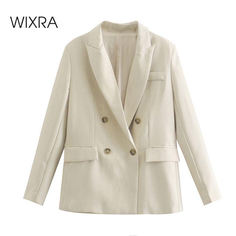 Wixra Women Casual Business Double Breasted Blazer Coat Long Sleeve Pockets Female OL Chic Tops 210930
