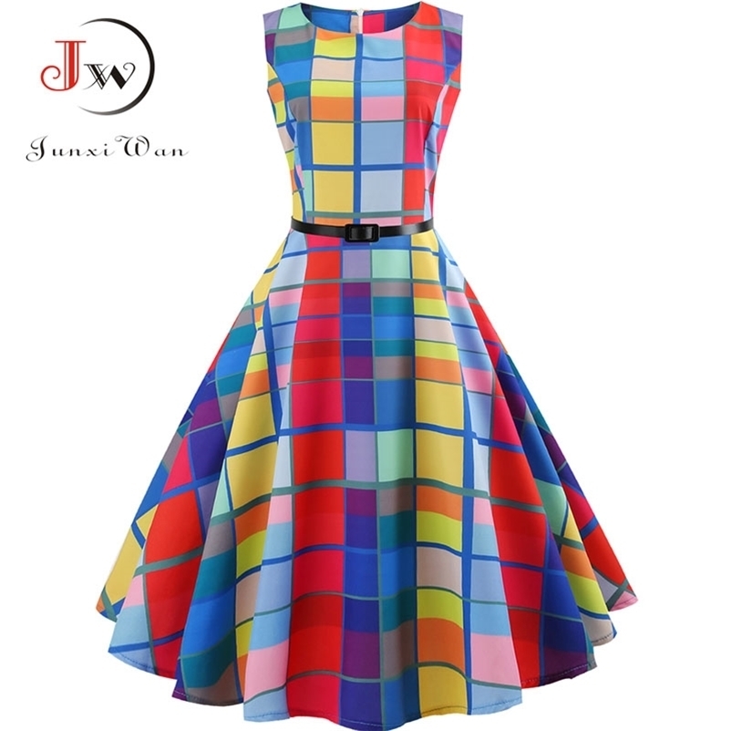 Plaid Print Vintage Dress Women Summer Floral Swing Party Dresses Hepburn 50s 60s Plus Size Retro Elegant Robe feminino Vestidos 210409