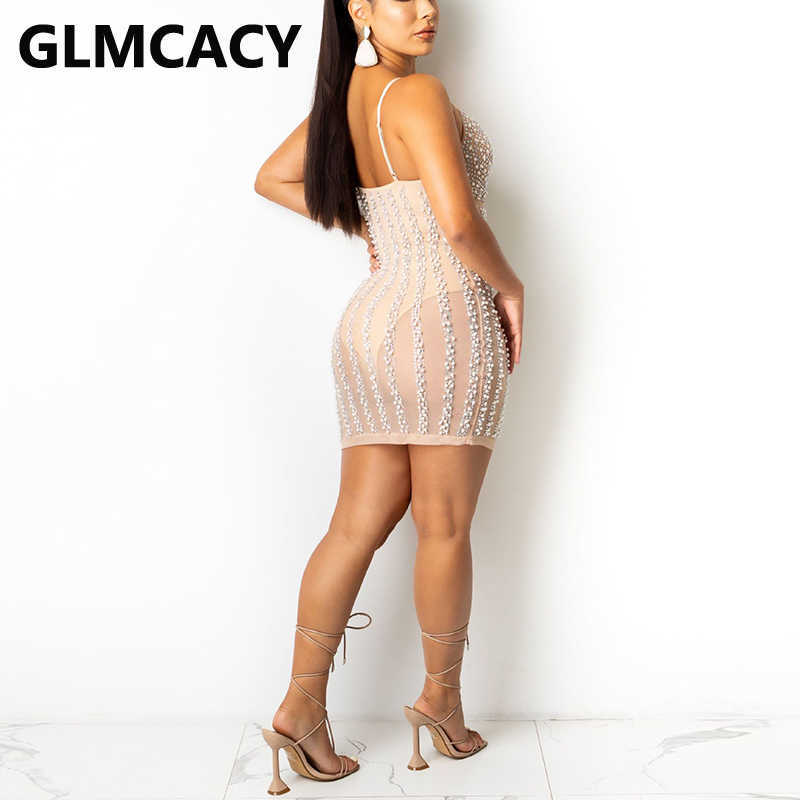 Spaghetti Strap Diamond Embellished Mesh Dress Sexy Night Party Club Mini Dress 210702