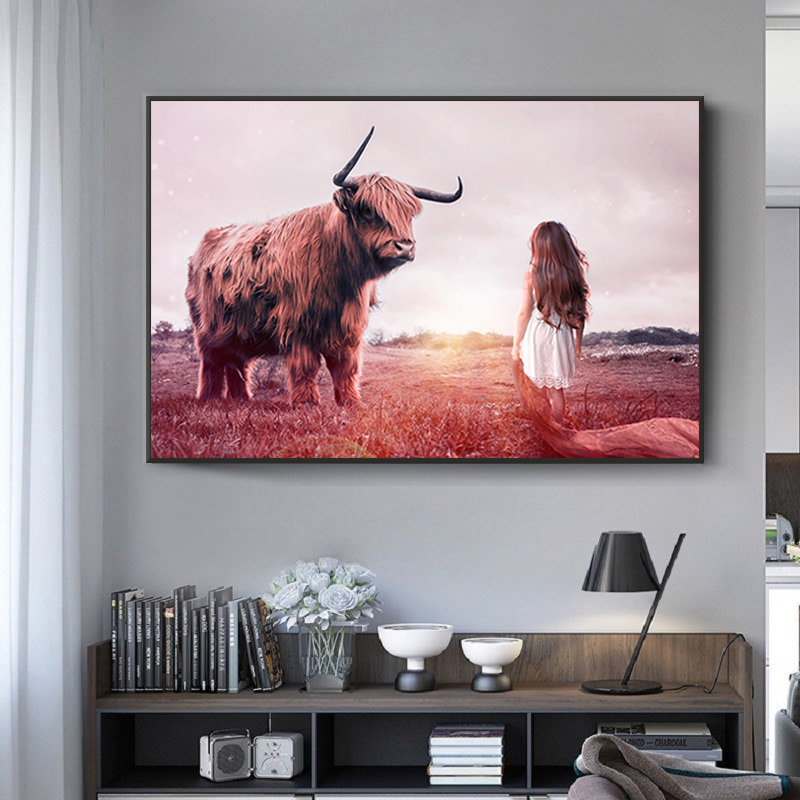 Girl and Cow Print Canvas Painting Wild Animals Wall Art Pictures For Living Room Cuadros Scandinavian Decor Posters and Prints