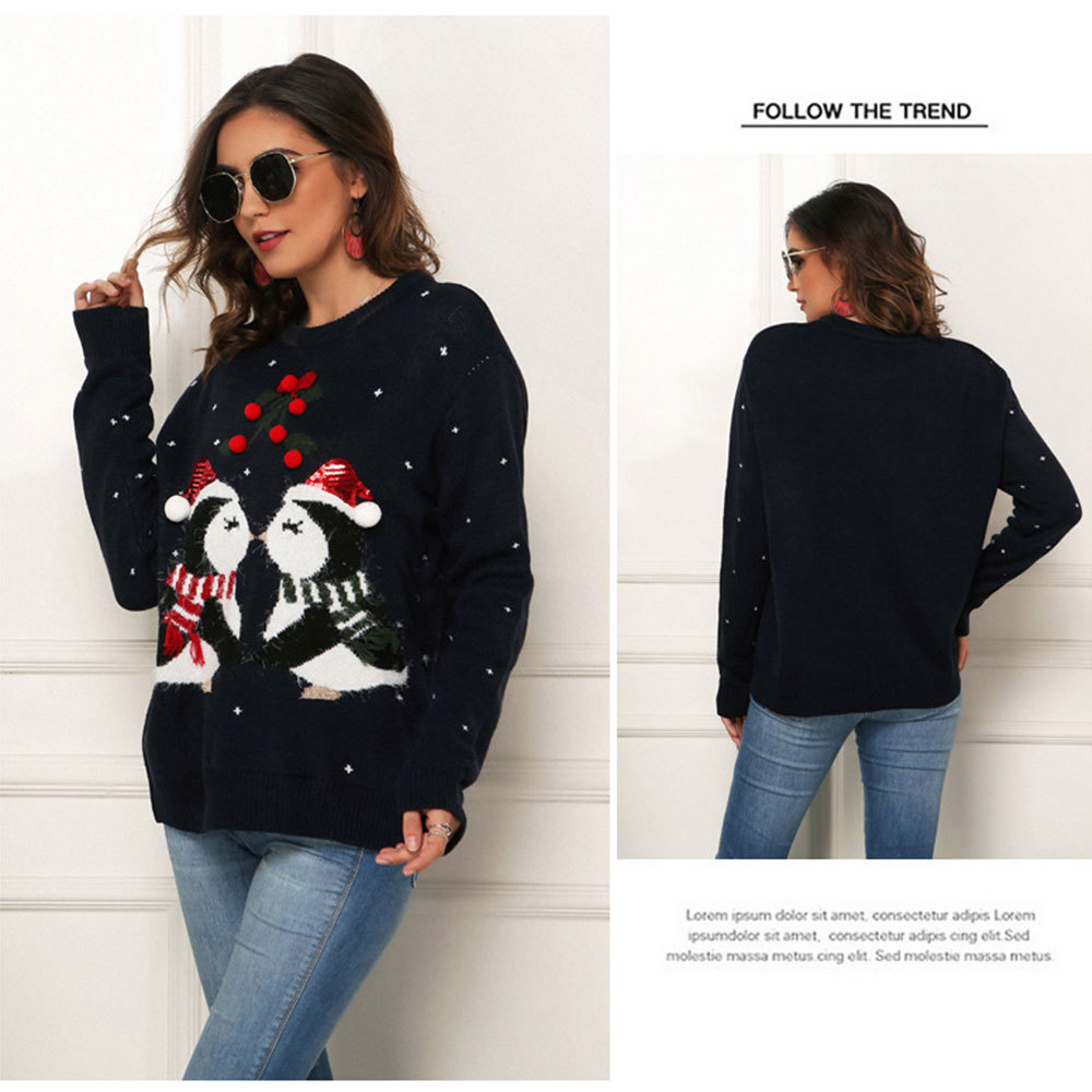 Winter Christmas Sweater Women Long Sleeve Penguin Printed Loose Pullovers Casual Warm Thick Knitted Tops Jumpers 210428