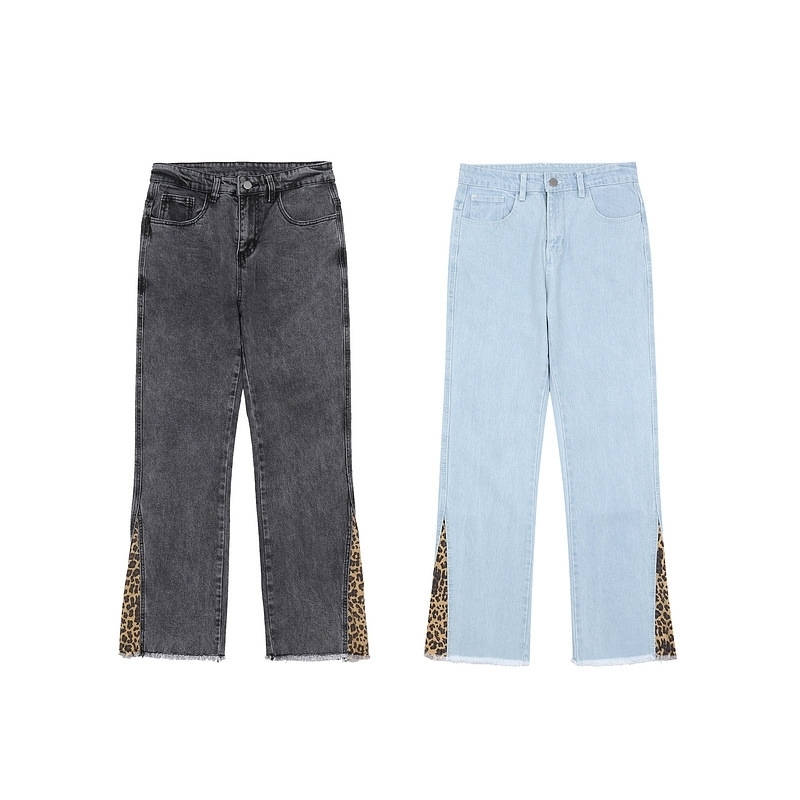 IEFB High Street Hip Hop Jeans Flared Denim Pants Washed Distressed Leopard Patchwork Bottoms Loose Trousers 9Y7288 210524
