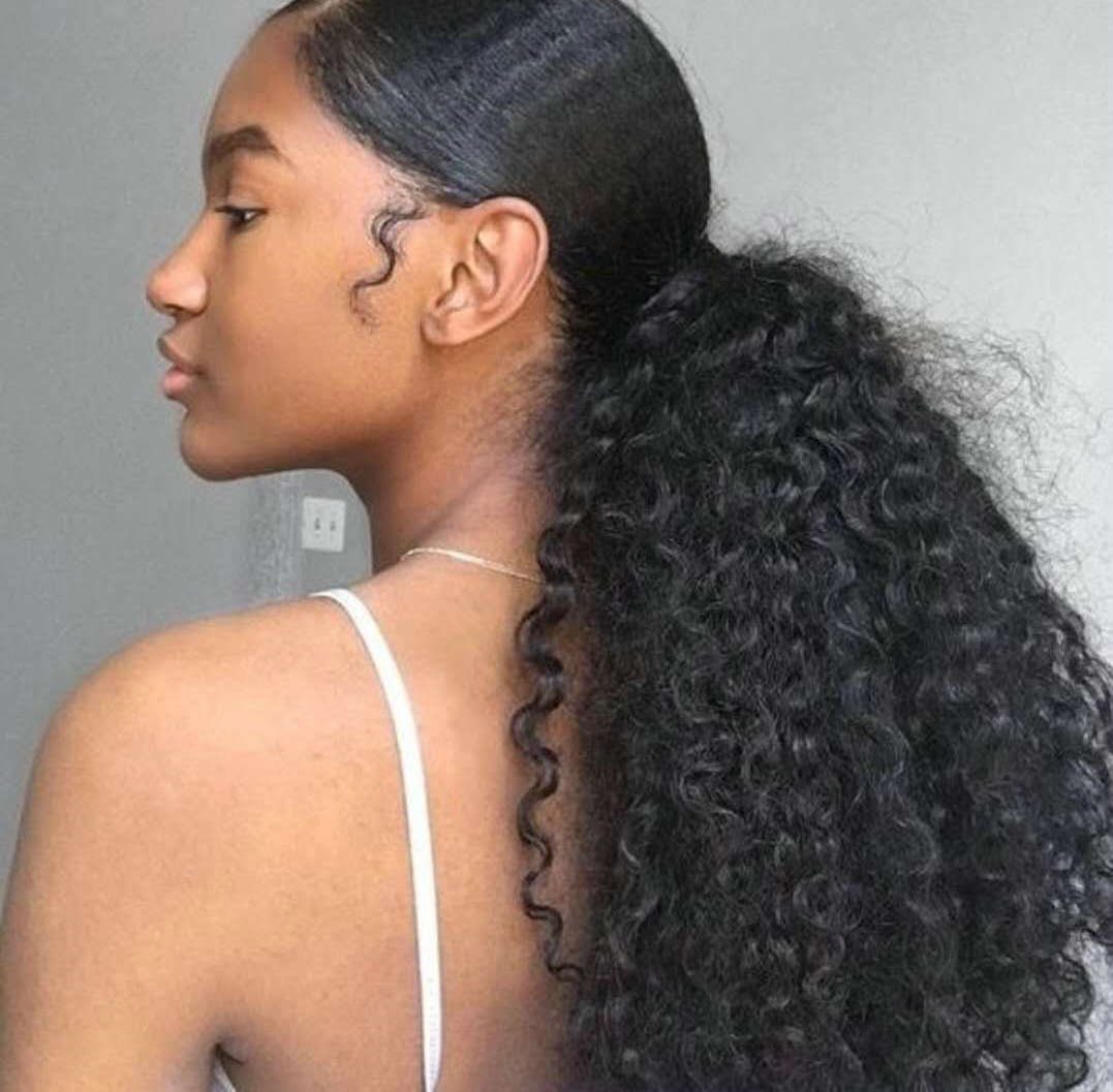 Eye catching low curly ponytail hairdo natural drawstring human hair with clips baby hair style 140g