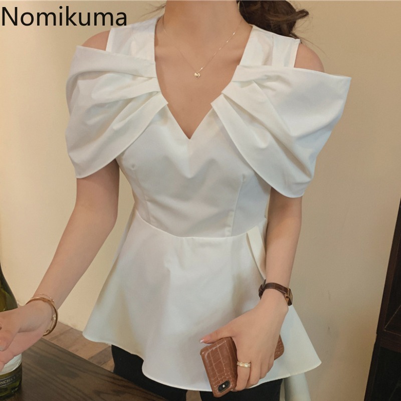 Nomikuma Women Blouse Elegant Slim Waist Ruffle Tops Irregular Pleated Short Sleeve V-neck Shirt New Sexy Strapless Blusas 6H204 210427