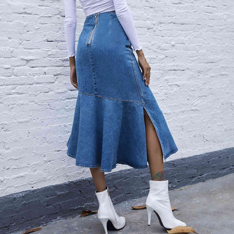 Fashion denim Cotton Ruffles Hip pencil long skirt Womens autumn winter Denim Skirt womens Mid-Calf Vintage skirts 210508