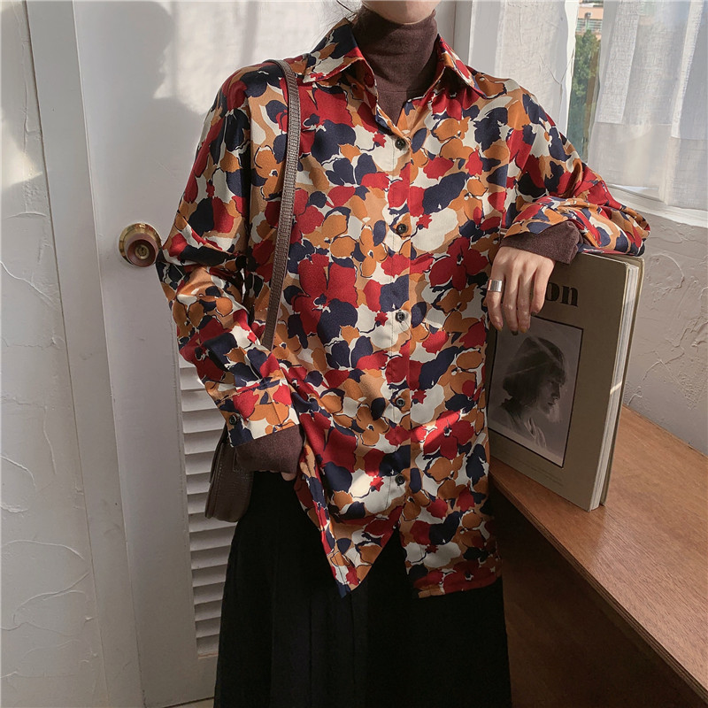Spring Vintage Print Shirt Women Blouses OL Work Wear Tops Loose Black Blouse Shirts Female Casual Blusas Mujer 210421