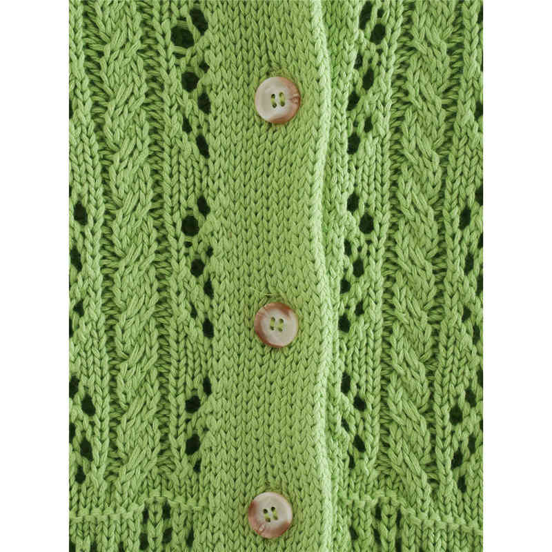 Women Casual Summer Green Sweater Chic Lady Fashion Long Sleeve Single Breasted Knitted Cardigans Hollow Out Sweaters 210421