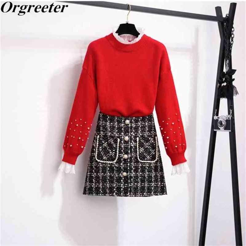 Fall Winter Lace Trim Half high neck Beaded Loose Pullover Red Sweater + Double pocket Tweed Short Skirts 2 Piece Set Women 210602, Only skirt
Fall Winter Lace Trim Half high neck Beaded Loose Pullover Red Sweater + Double pocket Tweed Short Skirts 2 Piece Set Women 210602, Only skirt