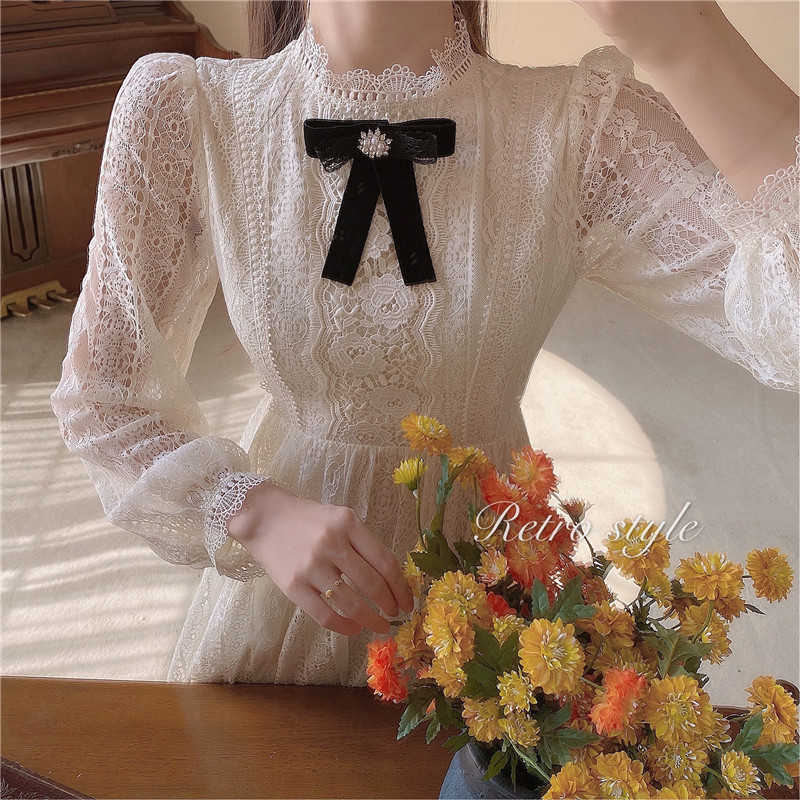 Vintage Dress Women French Elegant Lace Midi Dress Female Sweet Bow Casual Long Sleeve Dress Korean Spring Chic 210521