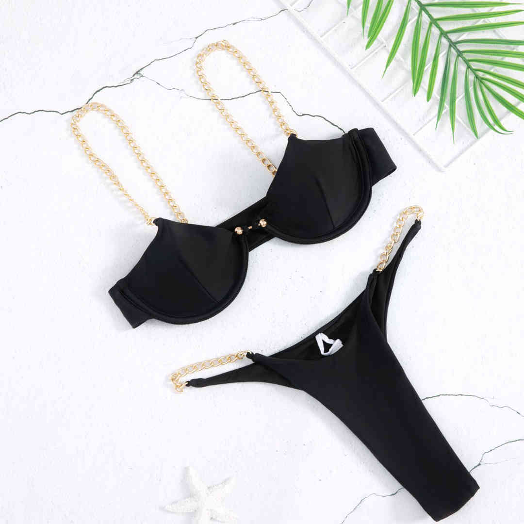Sexy Ring Chain Bikini Set High Cut Bathing Suit Thong Swimwear Women Push Up Swimsuit Female Fashion Bathers Biquini Black 210520