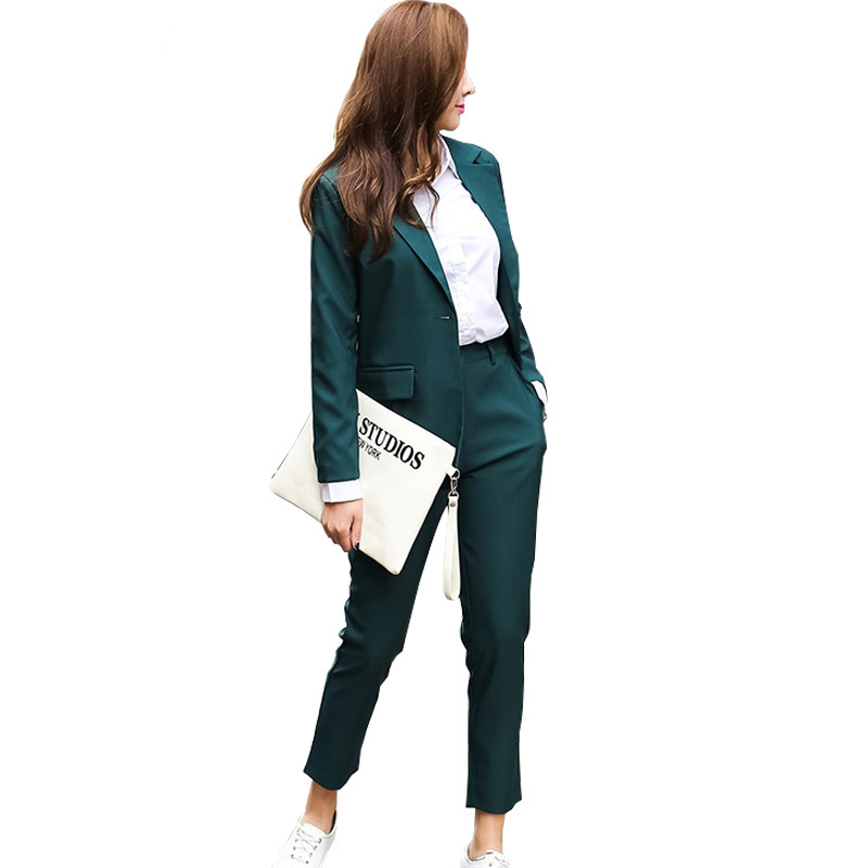 Business Women Pencil Pant Suits 2 Piece Set Solid Blazer & Pants Office Lady Notched Jacket Female Suit 210421