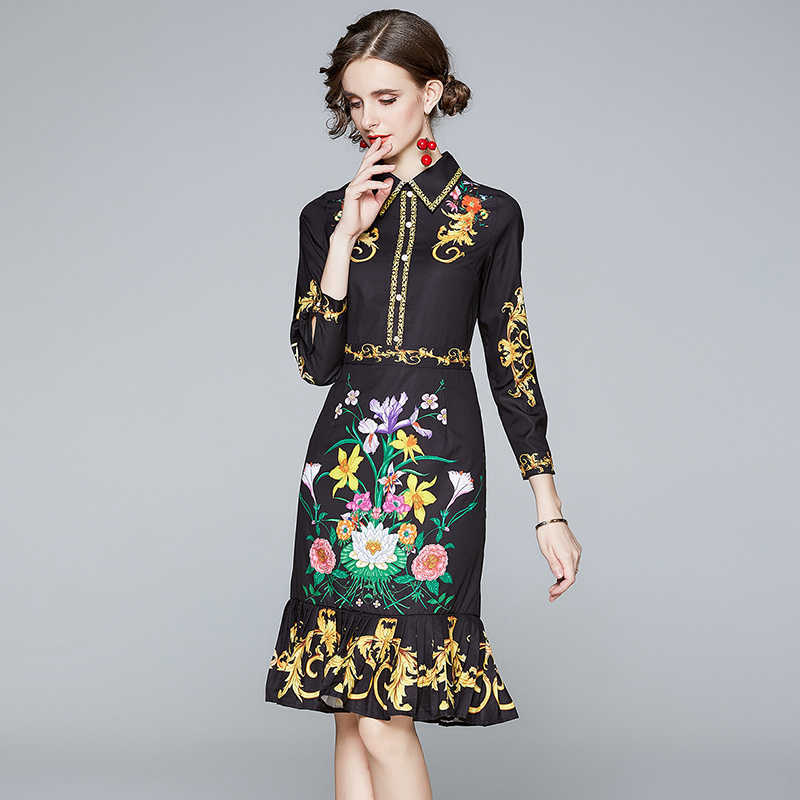 Autumn Women Printed Shirt Dress Black Sexy Female Elegant Slim Turn-Down Collar Long Sleeve Party Fishtail Dresses Vestidos 210525