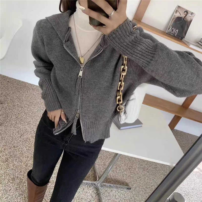 Colorfaith Winter Spring Women's Sweaters Short Cardigans Zipper Hooded Thicken Knitted Wild Korean Lady Top SWC1237JX 211007