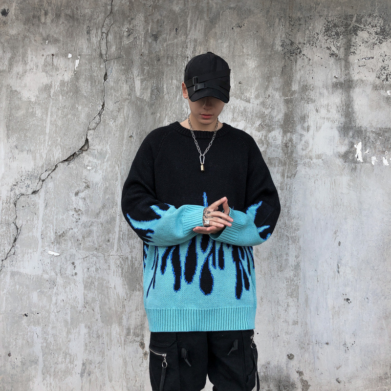 Autumn Winter Harajuku Flame Knitting Sweater Casual Women Man Unisex Pullovers Hip Hop High Streetwear Jumper 210519