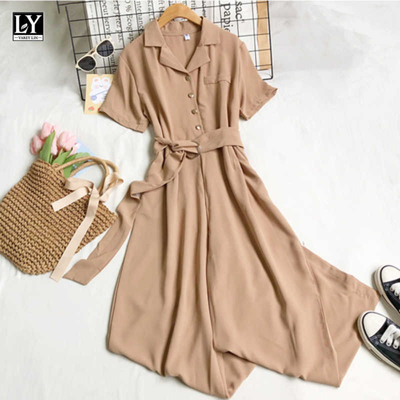 LY VAREY LIN Summer Women Fashion High Waist Solid Color Black Jumpsuit Casual Tailored Collar Single Breasted Wide Leg 210526