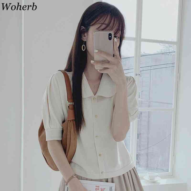 Knitted Thin Tops Women Solid Color Short Sleeve Single Breasted Sweater Sweet Peter Pan Collar Fashion Cardigan Sueter 210519