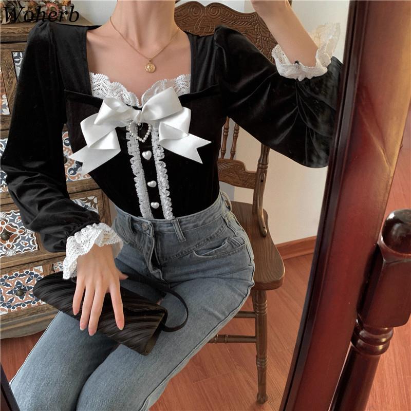 Blouse Women Arrival Vintgae Lace Shirts Square Collar Short Velvet Blouses Tops Blusas Mujer De Moda 4G705 210519