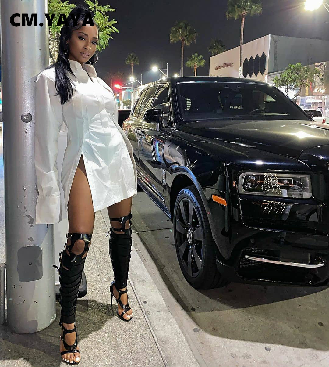 CM.YAYA Women Solid Color Side Slit Long Sleeve Button Up Sexy Blouse Dress Sexy Club Party Streetwear Shirt Dresses 210409